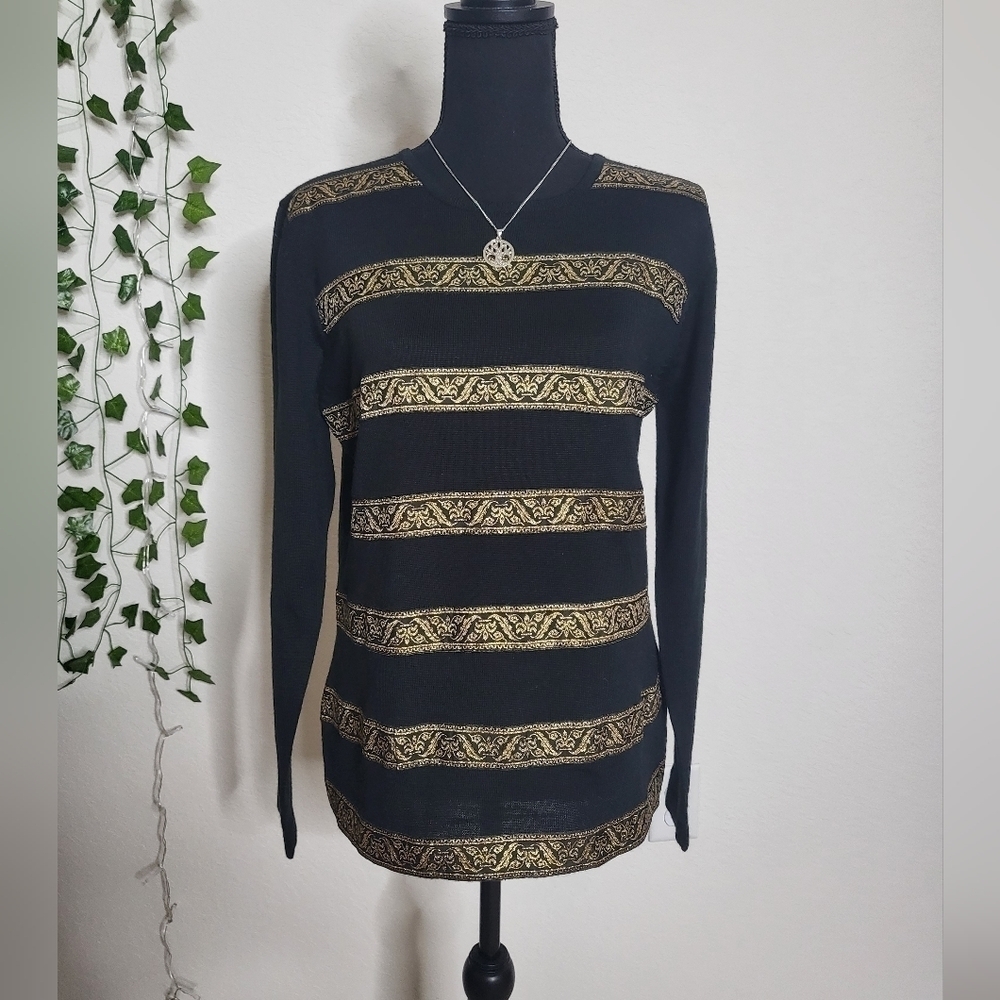 Theo Miles Wool Blend Gold Filigree Stripe Detail Long Sleeve Pulloever Sweater
